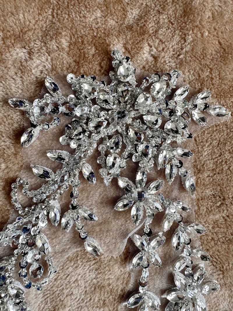 PLune Handmade Shining Acrylic Rhinestones on lace Applique Sewing Beads Stones Trim Patches Accessories for Wedding Dress (Silver) - Image 1